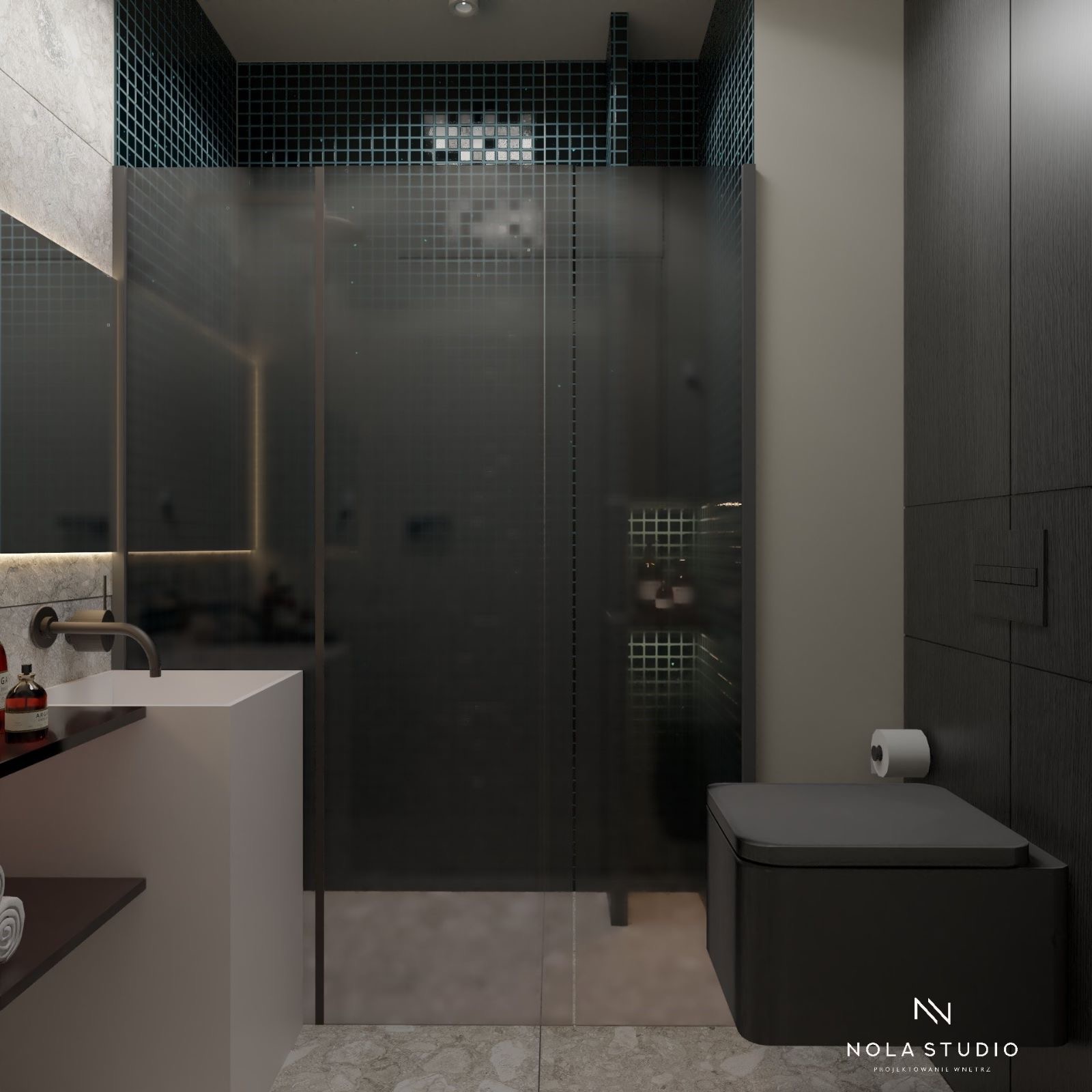 Nowoczesna łazienka z kabiną prysznicową typu walk-in, umywalką nablatową i toaletą w kolorze antracytu, podkreślona mozaiką na ścianie i minimalistycznym oświetleniem.