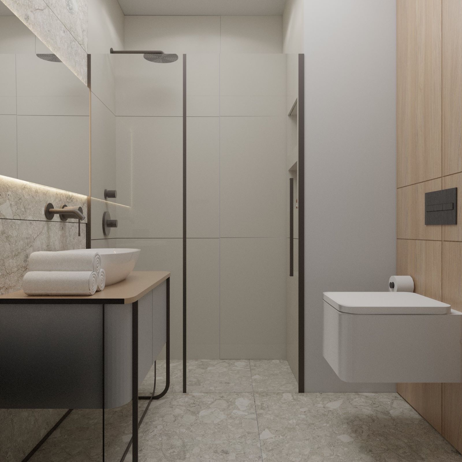 Nowoczesna łazienka z kabiną prysznicową typu walk-in, umywalką nablatową, armaturą w kolorze grafitu, beżowymi płytkami i drewnianymi panelami ściennymi.