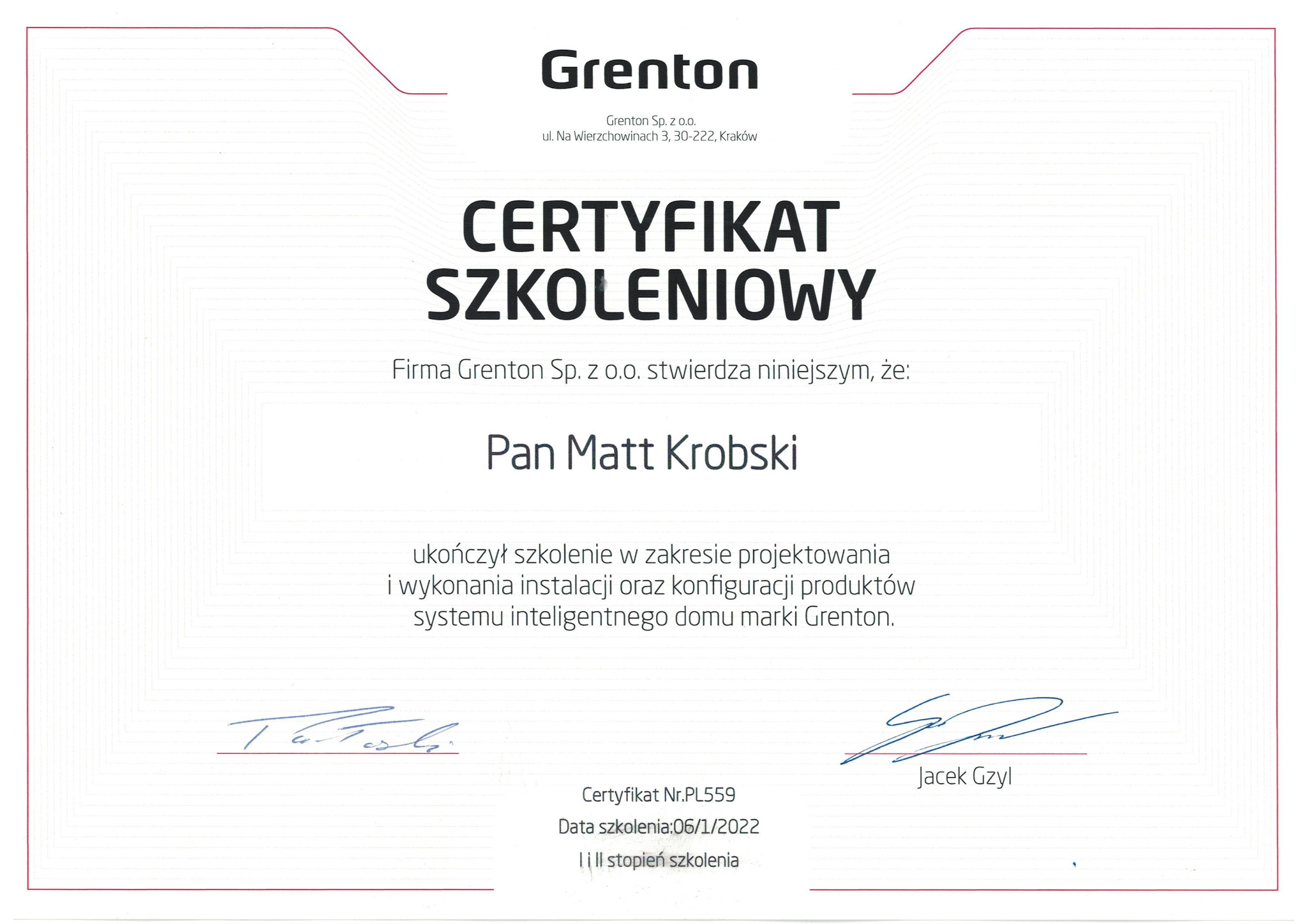Skan certyfikatu szkoleniowego firmy Grenton dla Pana Matta Krobskiego w zakresie projektowania i wykonania instalacji oraz konfiguracji produktów systemu inteligentnego domu.