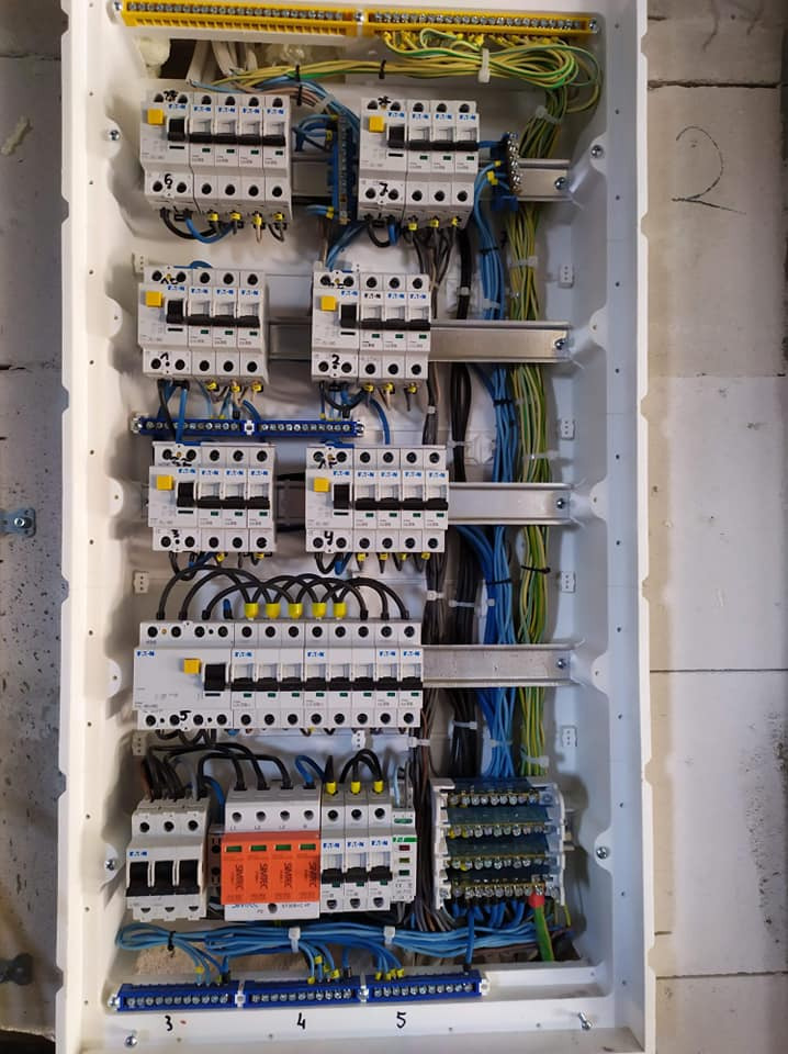 Rozdzielnica elektryczna z zamontowanymi bezpiecznikami EATON i ogranicznikami przepięć SMARC, widoczne kable w kolorach niebieskim, zielonym i żółtym, zamontowana na ścianie z betonu komórkowego.
