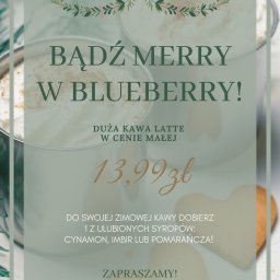 Plakat świąteczny z promocją kawy latte dla kawiarni o nazwie "Blueberry" 