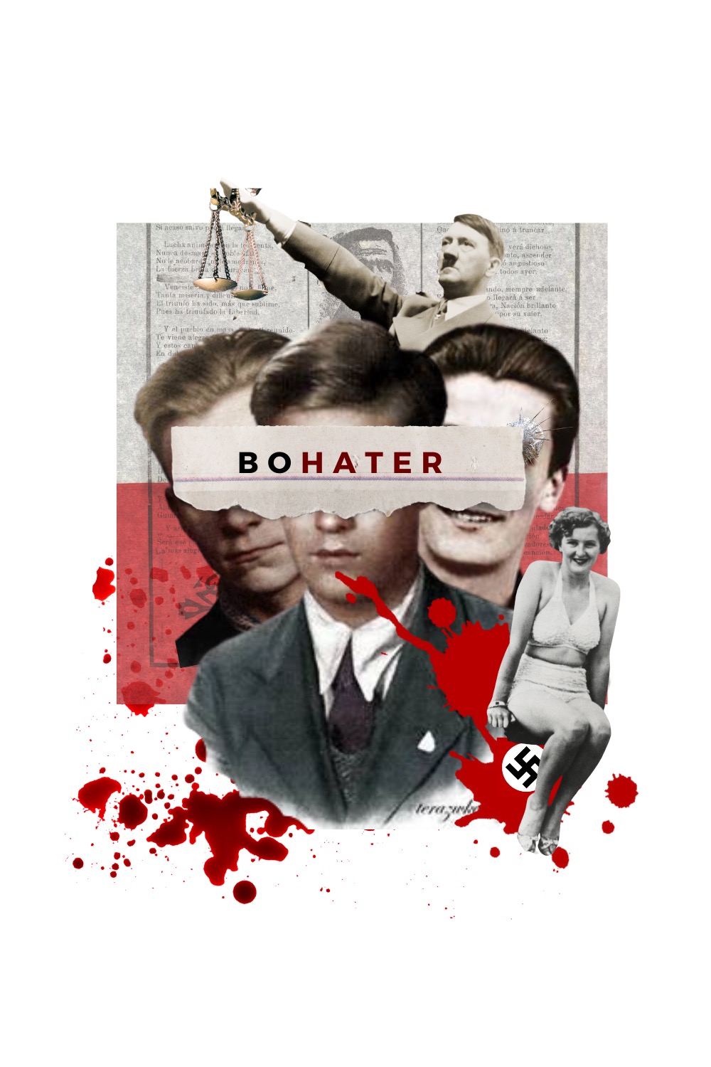 Kolaż cyfrowy przedstawiający polskich bohaterów narodowych z okresu II wojny światowej, zestawionych z elementami symbolizującymi wroga. Widoczne zdjęcia postaci historycznych, fragmenty tekstu...