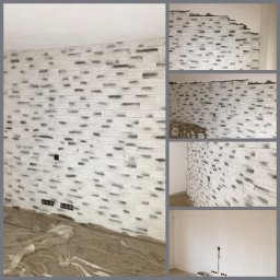 Ułożenie ścianki z płytek. Przesunięcie kontaktu i montaż gniazdek elektrycznych.