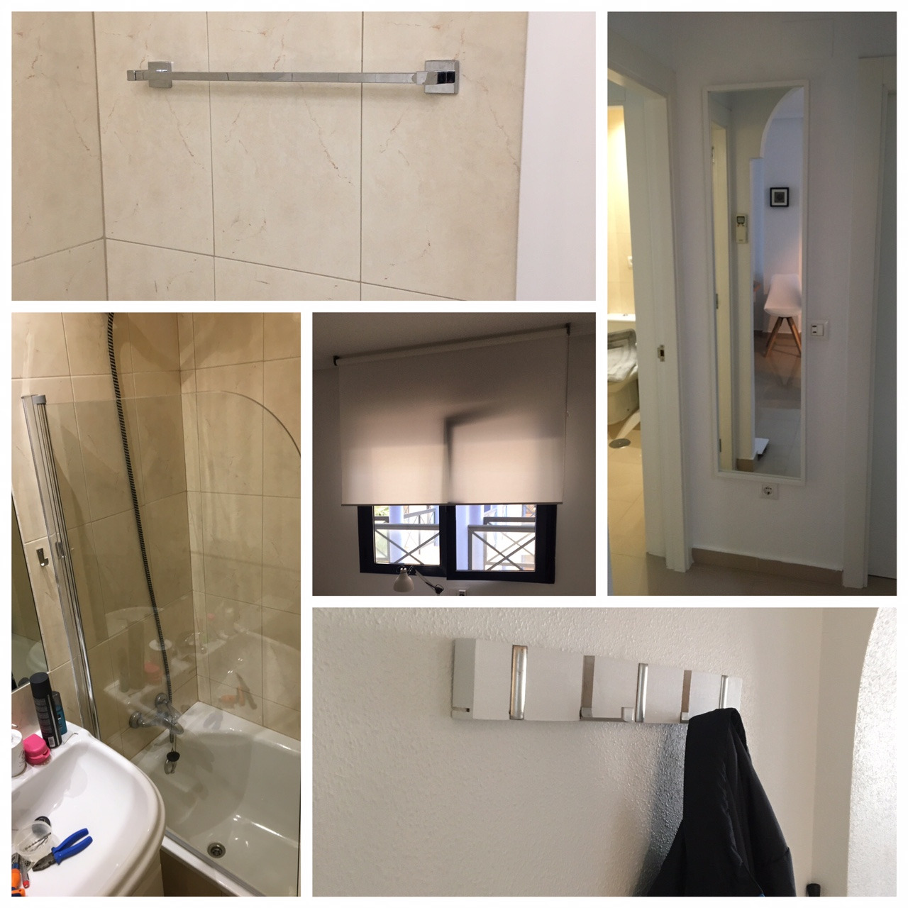 Kolaż zdjęć przedstawiających różne elementy wykończenia wnętrz: metalowy wieszak na ręczniki na beżowej ścianie z płytek, lustro w wąskiej wnęce, szklane drzwi prysznicowe przy wannie, roleta...