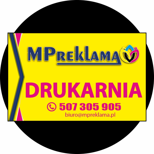 Żółto-czarne logo firmy drukarskiej MP Reklama z numerem telefonu i adresem e-mail.