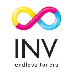 Logo firmy INV endless toners z symbolem nieskończoności w kolorach CMYK nad nazwą firmy.
