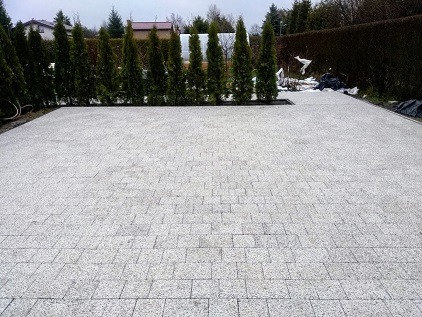 Jasnoszara kostka brukowa ułożona na dużej powierzchni, obrzeża z ciemnego kamienia, w tle rząd tuj i krzewów.