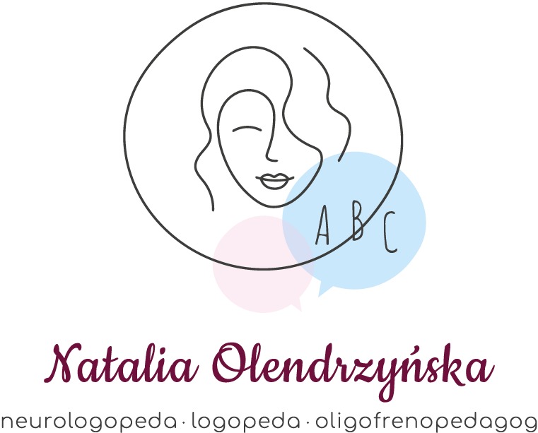Logo z uproszczonym rysunkiem twarzy kobiety w okręgu, literami ABC w dymku i imieniem Natalia Olendrzyńska oraz słowami neurologopeda, oligofrenopedagog.
