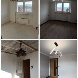 PE-ŁKA usługi budowlane - Porównanie stanu pokoju przed i po: surowy strop z drewnianymi belkami i starą lampą kontra gładki sufit z nowoczesnym oświetleniem, gołe ściany kontra świeżo pomalowane na szaro i biało, surowa...