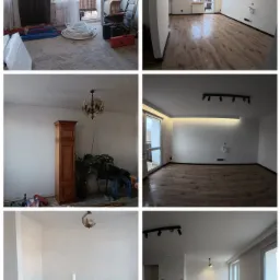 Kolaż przedstawiający pokój przed i po renowacji: bałagan z rurami i narzędziami kontra odnowione wnętrze z drewnianą podłogą, białymi ścianami i nowoczesnym oświetleniem.