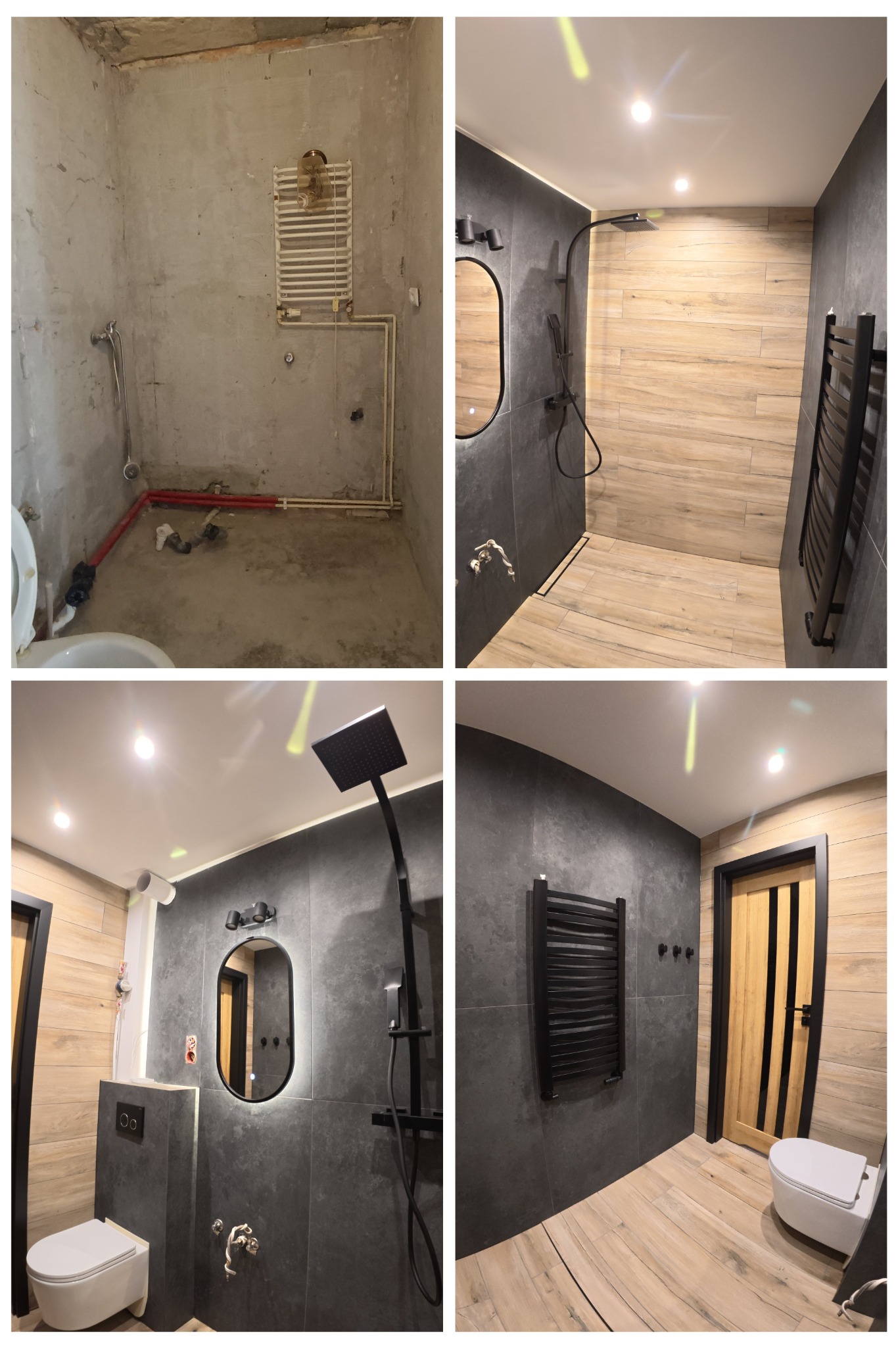 Kolaż przedstawiający łazienkę przed i po remoncie: surowe ściany z instalacjami kontra nowoczesne wykończenie z szarymi płytkami, drewnopodobną podłogą, czarną armaturą i oświetlonym lustrem.