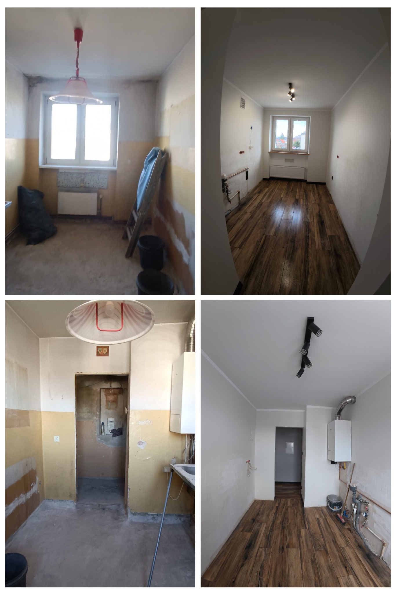 Kolaż przedstawiający pokój przed i po odświeżeniu, ukazujący surowe ściany i podłogę przed oraz odnowione, białe ściany i drewnopodobne panele podłogowe po remoncie.