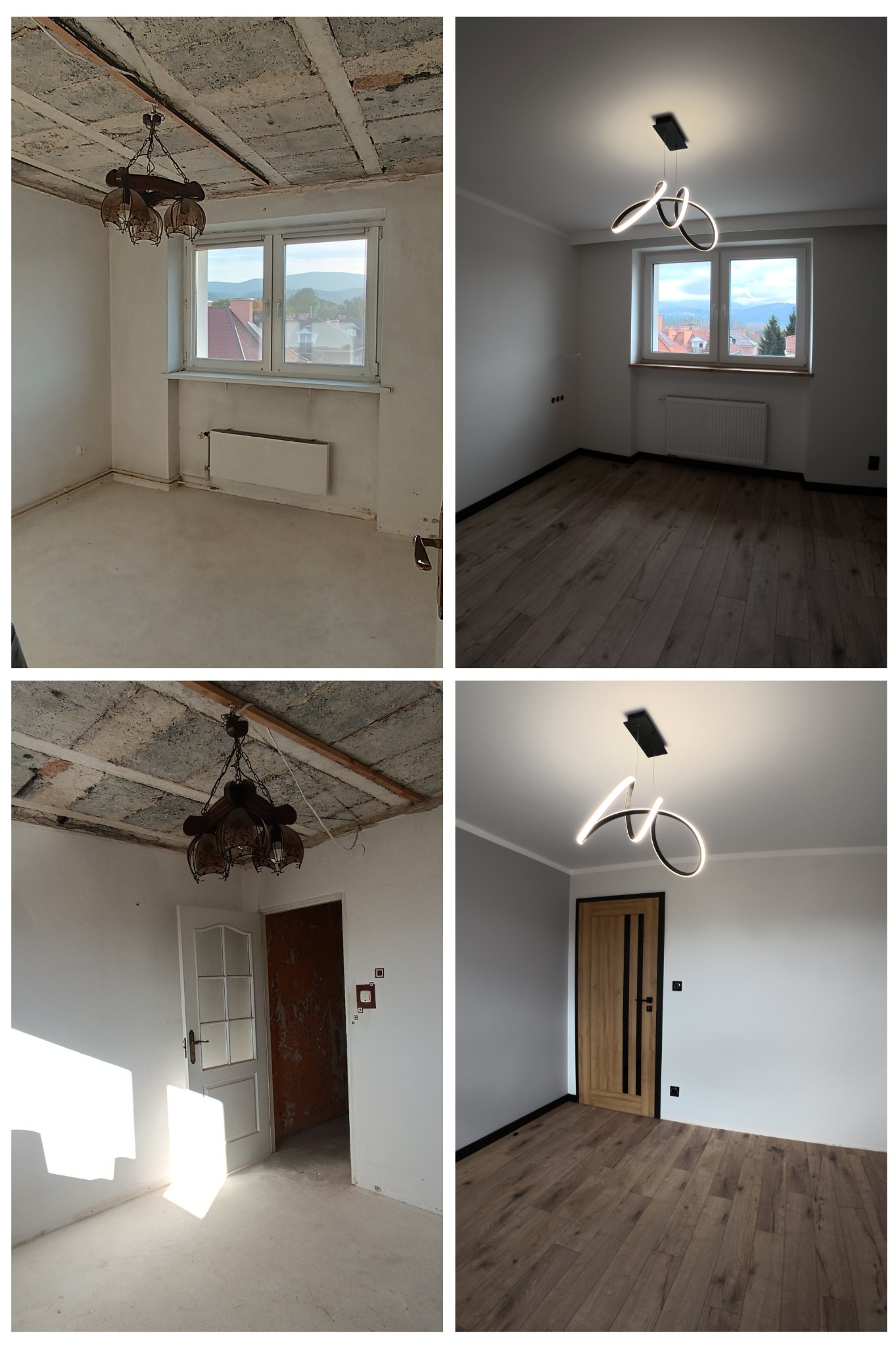 Porównanie stanu pokoju przed i po: surowy strop z drewnianymi belkami i starą lampą kontra gładki sufit z nowoczesnym oświetleniem, gołe ściany kontra świeżo pomalowane na szaro i biało, surowa...