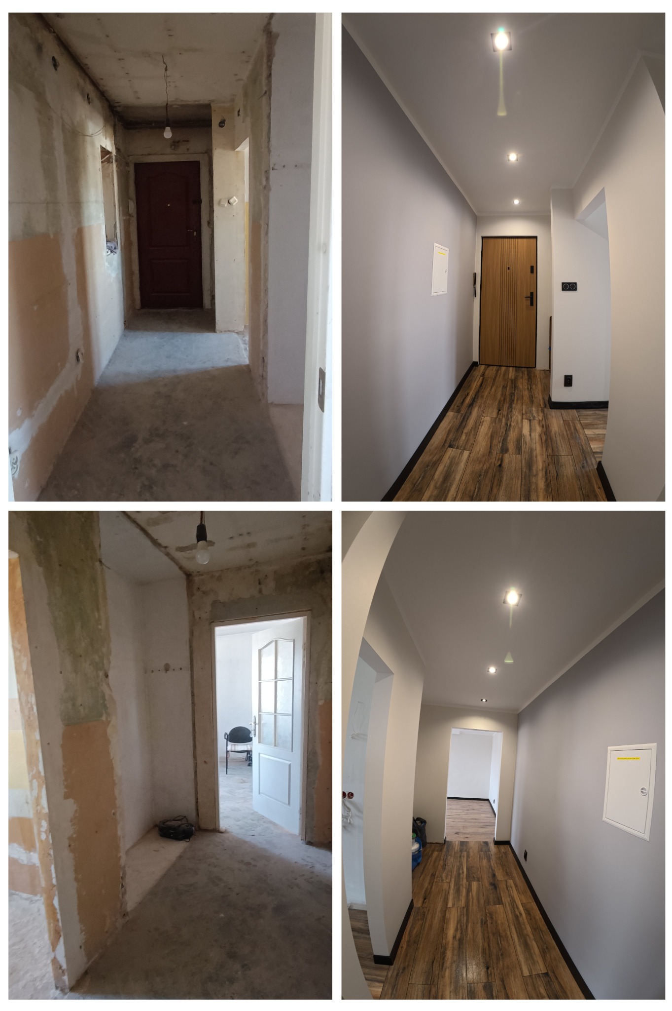 Kolaż przedstawiający korytarz przed i po: surowe ściany i betonowa podłoga kontra szare ściany, drewnopodobne panele i nowoczesne oświetlenie.