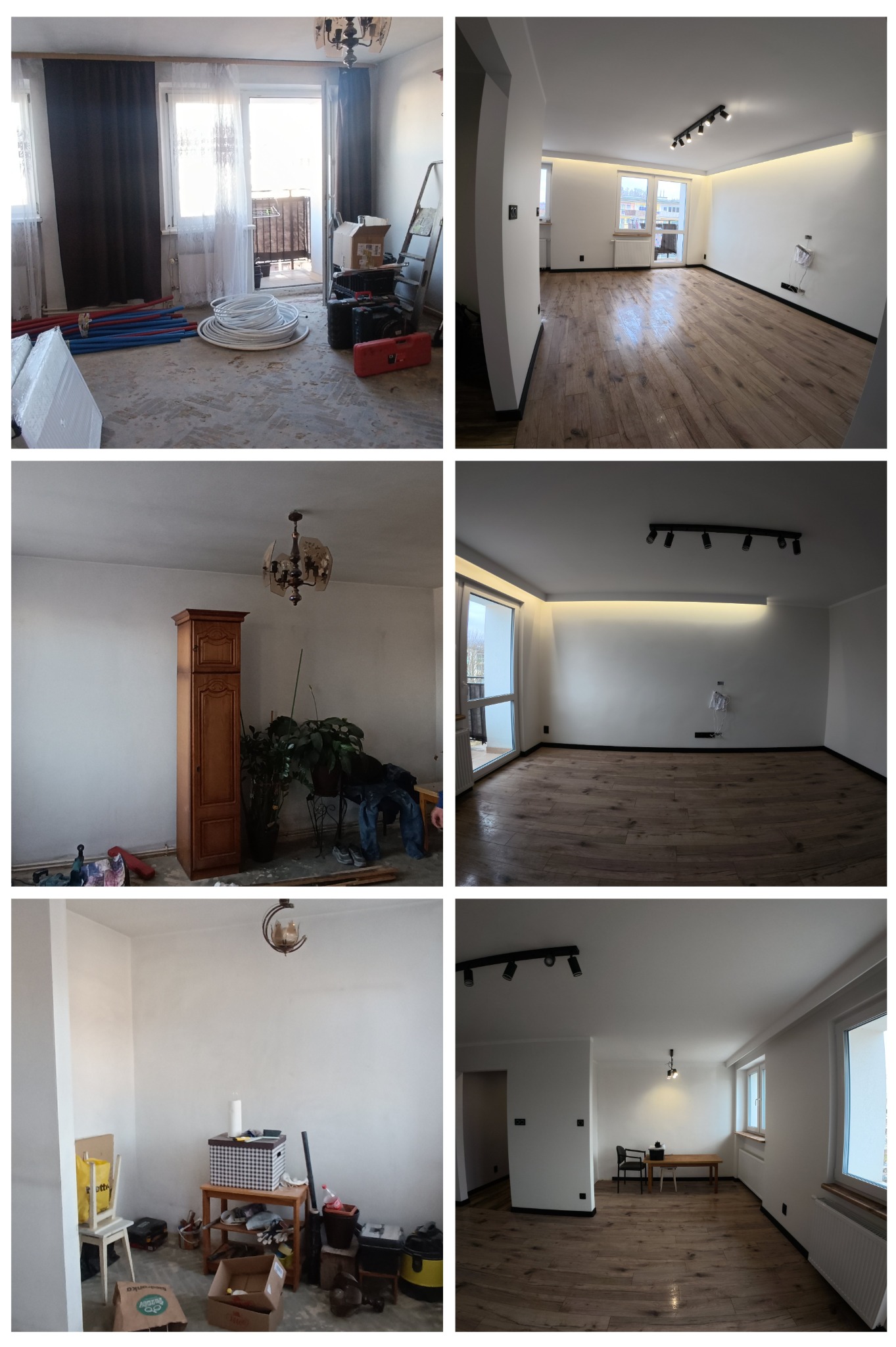 Kolaż przedstawiający pokój przed i po renowacji: bałagan z rurami i narzędziami kontra odnowione wnętrze z drewnianą podłogą, białymi ścianami i nowoczesnym oświetleniem.