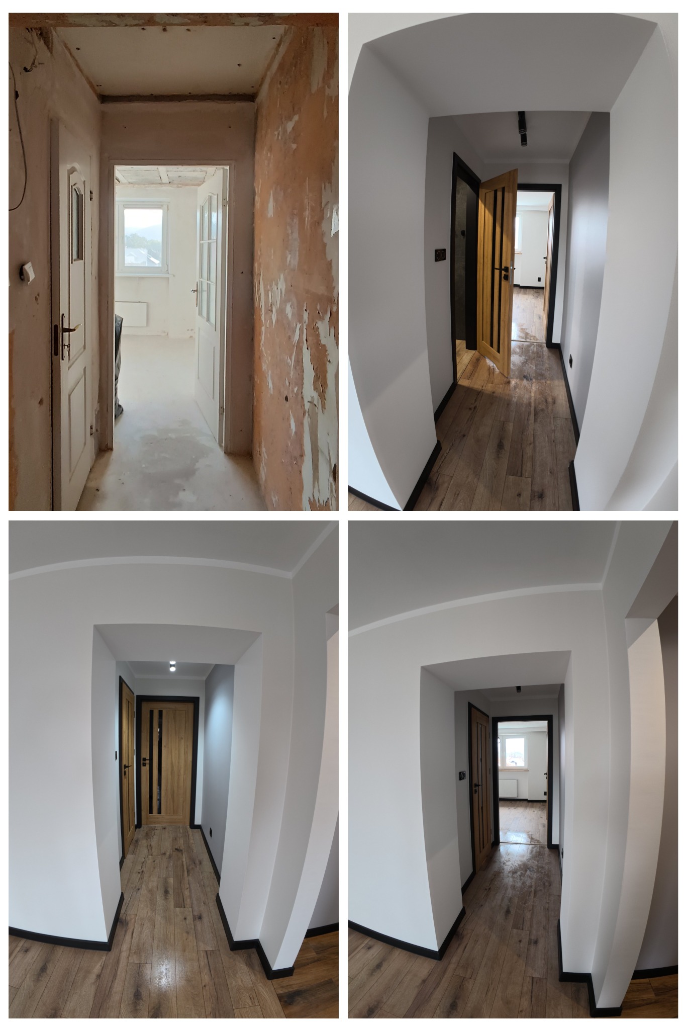 Kolaż przedstawia korytarz w dwóch etapach: przed i po. Po lewej stronie widoczny stan surowy z odpadającą farbą i widoczną konstrukcją sufitu. Po prawej odnowiony korytarz z pomalowanymi ścianami...