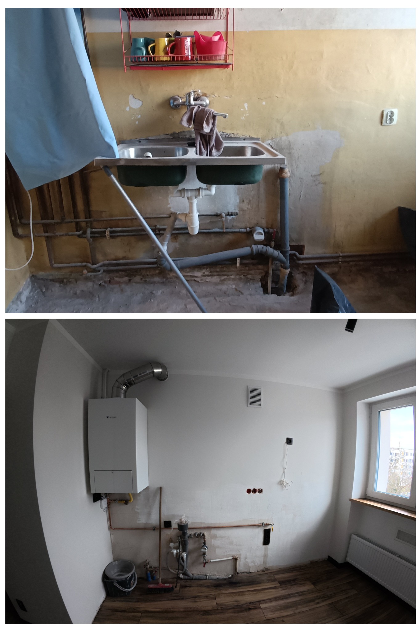 Dwa ujęcia tej samej kuchni: pierwsze przedstawia starą, zniszczoną kuchnię z dwukomorowym zlewem, odsłoniętymi rurami i odpadającym tynkiem; drugie ukazuje tę samą kuchnię po renowacji, z nowym...