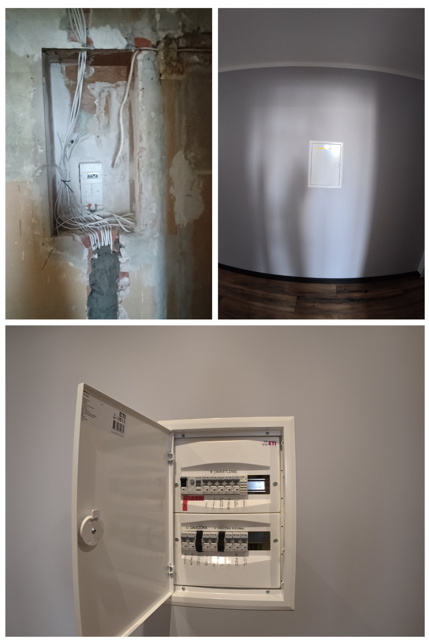 Montaż skrzynki bezpiecznikowej: widok przed i po, z otwartymi drzwiczkami ukazującymi bezpieczniki.