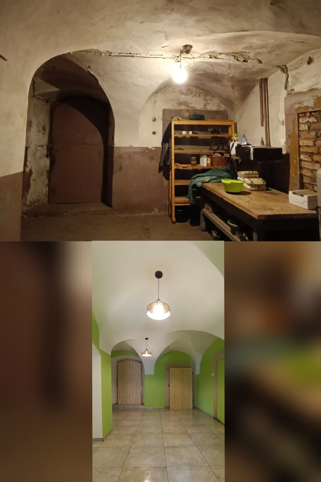 Porównanie piwnicy przed i po: górne zdjęcie przedstawia zaniedbane wnętrze z łukowatym sufitem, starą drewnianą szafką i metalowymi drzwiami; dolne zdjęcie ukazuje odnowione wnętrze z pomalowanymi...