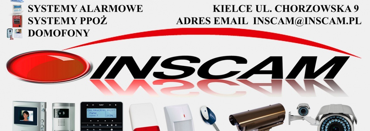 Logo firmy INSCAM z Kielc oferującej systemy alarmowe, systemy PPOŻ i domofony, prezentujące przykładowe urządzenia: wideodomofon, panel sterowania, czujnik ruchu i kamery monitoringu.
