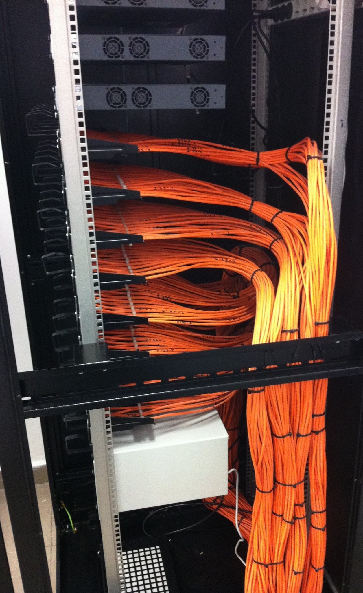 Pomarańczowe kable sieciowe uporządkowane w szafie rack, spięte czarnymi opaskami, widoczne urządzenia sieciowe w górnej części szafy.
