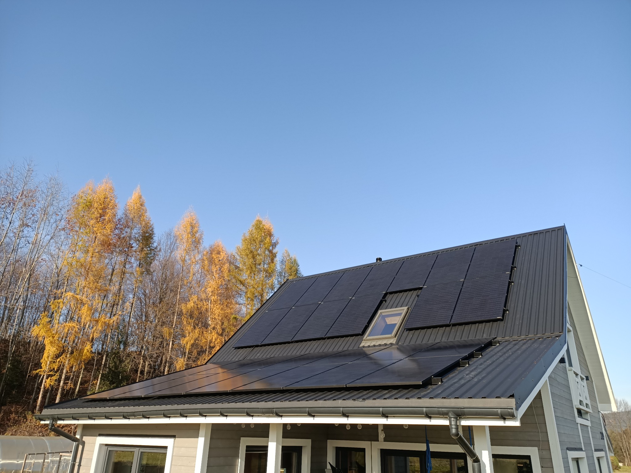 Czarne panele fotowoltaiczne na dachu domu z szarej blachy trapezowej, widok z dołu, w tle drzewa z żółtymi liśćmi i błękitne niebo.