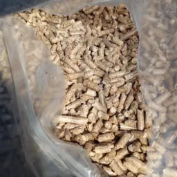 Przezroczysty worek wypełniony jasnymi, cylindrycznymi granulkami opału, widoczne drobne ciemniejsze plamki na powierzchni, oświetlony naturalnym światłem.