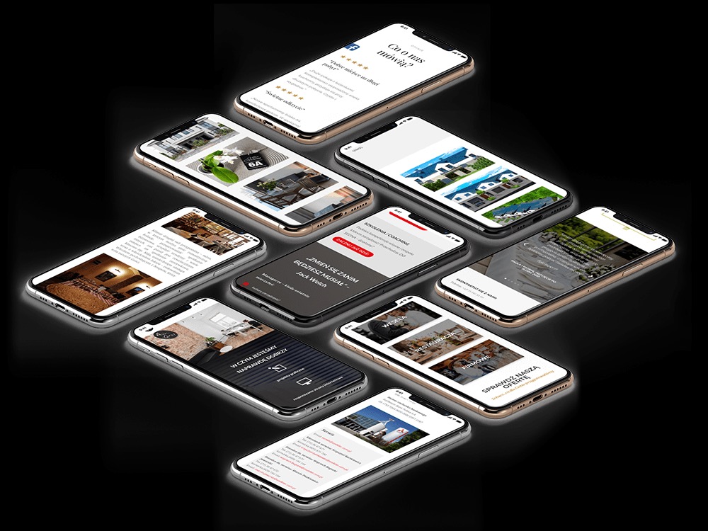 Układ dziewięciu smartfonów z wyświetlonymi różnymi stronami internetowymi, w tym recenzje, portfolio wnętrz, oferty szkoleń i stron weselnych, na czarnym tle.