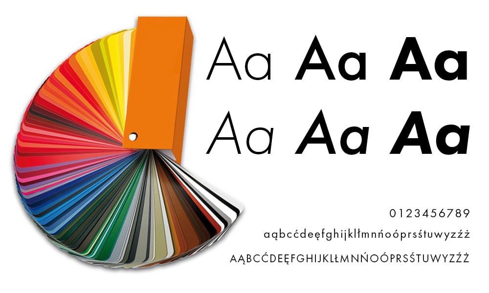 Paleta kolorów Pantone obok przykładów czcionek z polskimi znakami diakrytycznymi i cyframi.