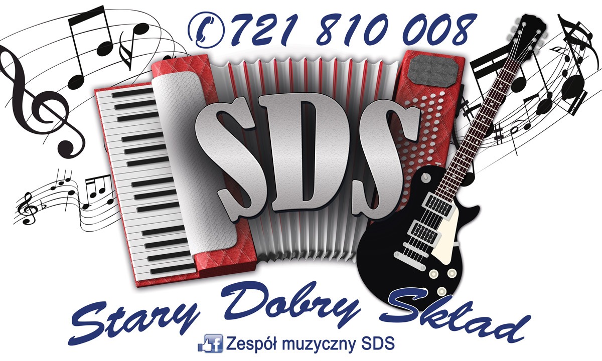 Grafika reklamowa: akordeon, gitara elektryczna, klawisze, nuty i numer telefonu, nazwa zespołu 'Stary Dobry Skład' i logo firmy SDS.