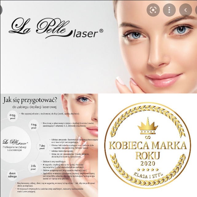Kolaż reklamowy: portret kobiety o jasnej cerze i niebieskich oczach, logo La Pelle Laser, infografika przygotowania do depilacji laserowej oraz złoty emblemat 'Kobieca Marka Roku 2020'.
