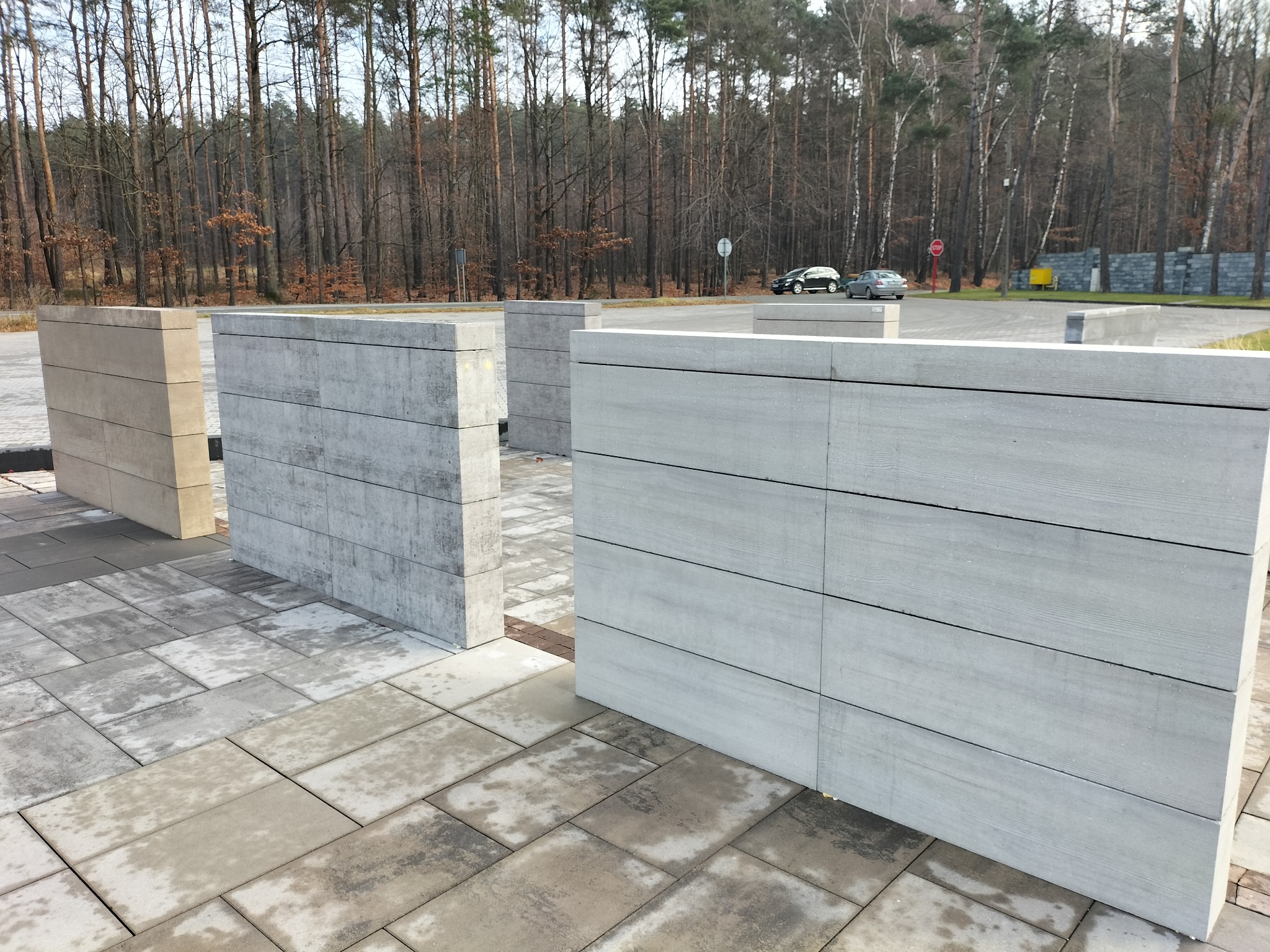 Ułożona nawierzchnia z szarych płyt betonowych z elementami dekoracyjnymi w postaci betonowych ścianek o fakturze drewna; w tle las i zaparkowane samochody.