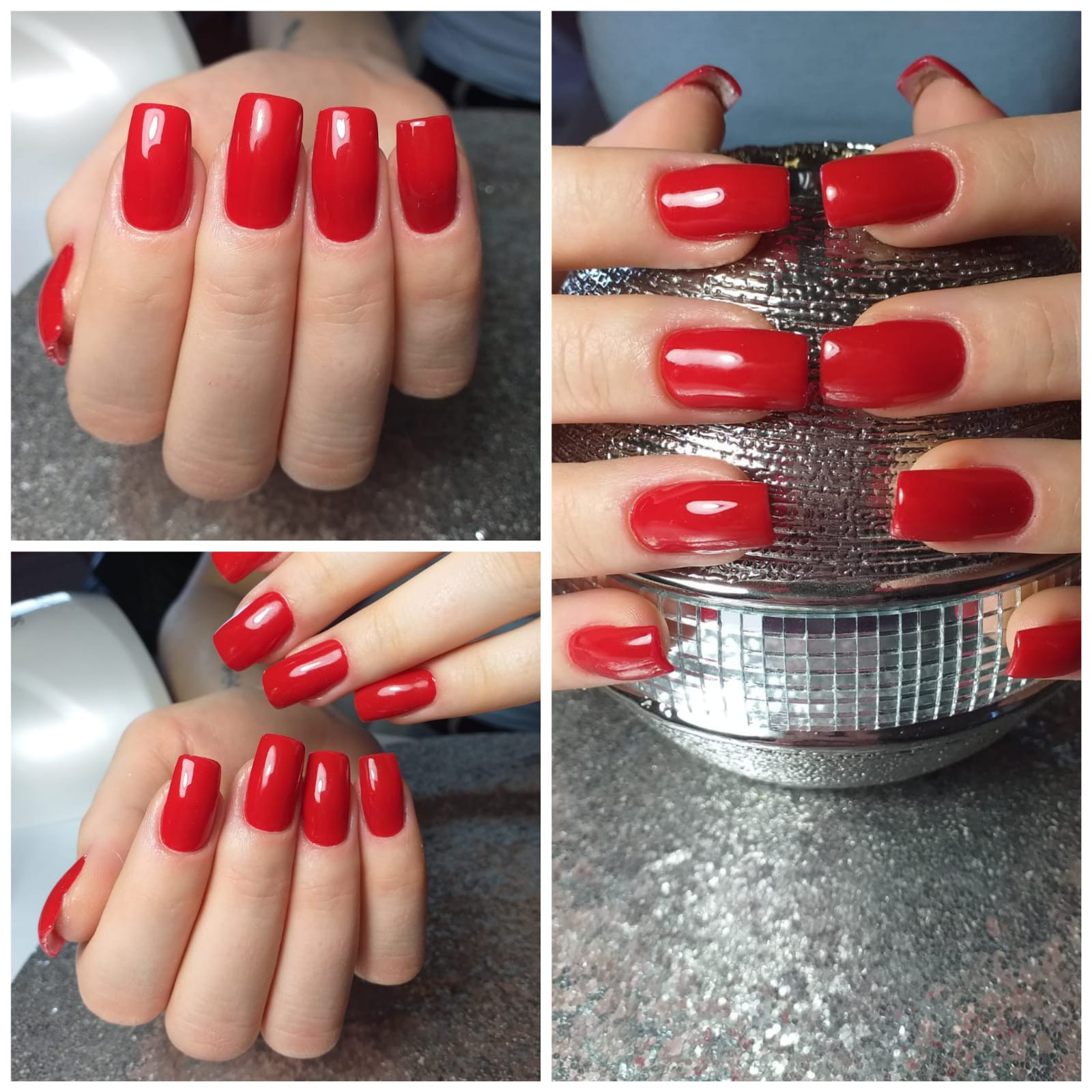 Czerwone, błyszczące paznokcie o kwadratowym kształcie, prezentowane na tle srebrnej mozaiki i dyskotekowej kuli, ukazujące precyzję wykonania.