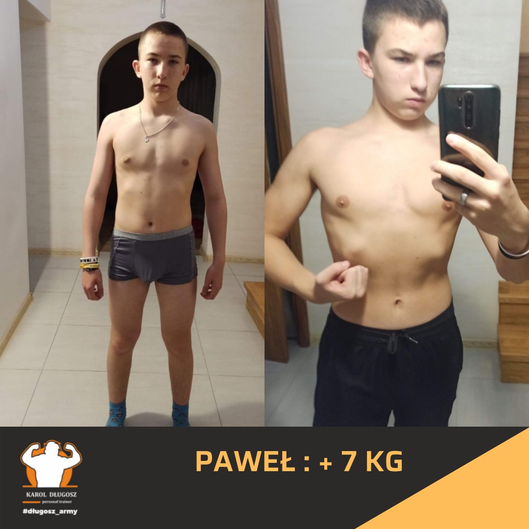 Zdjęcie 'przed i po' przedstawiające postępy młodego mężczyzny z Krakowa po treningach. Po lewej stronie sylwetka przed rozpoczęciem ćwiczeń, po prawej - po zwiększeniu masy o 7 kg, widoczna...