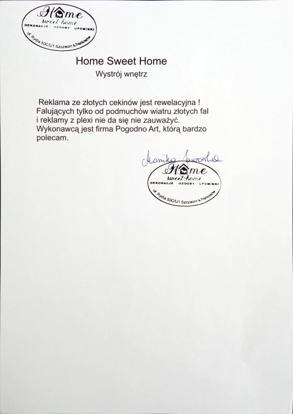 Referencje od sklepu Home Sweet Home, Szczecin