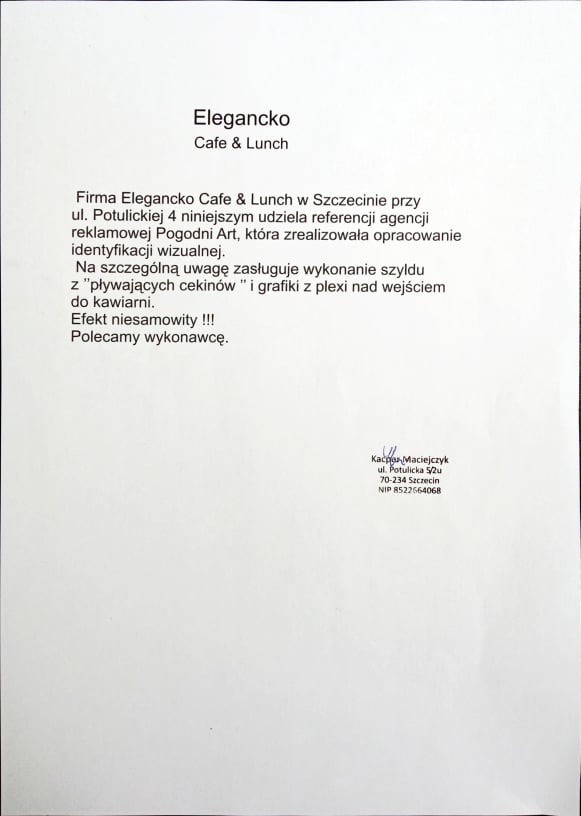 Referencje od kawiarnie Elegancko, Szczecin