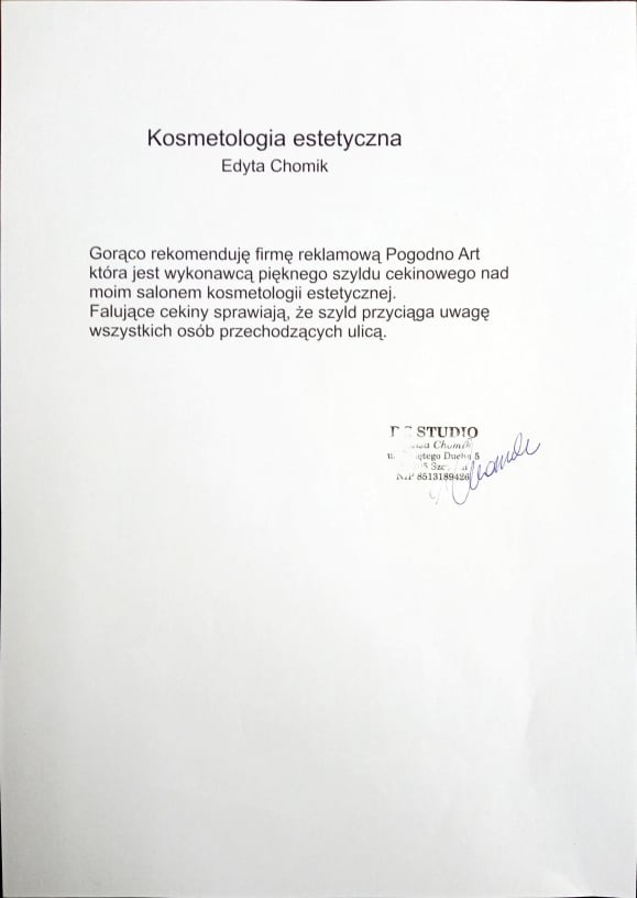 Referencje od salonu urody Edyta Chomik, Szczecin