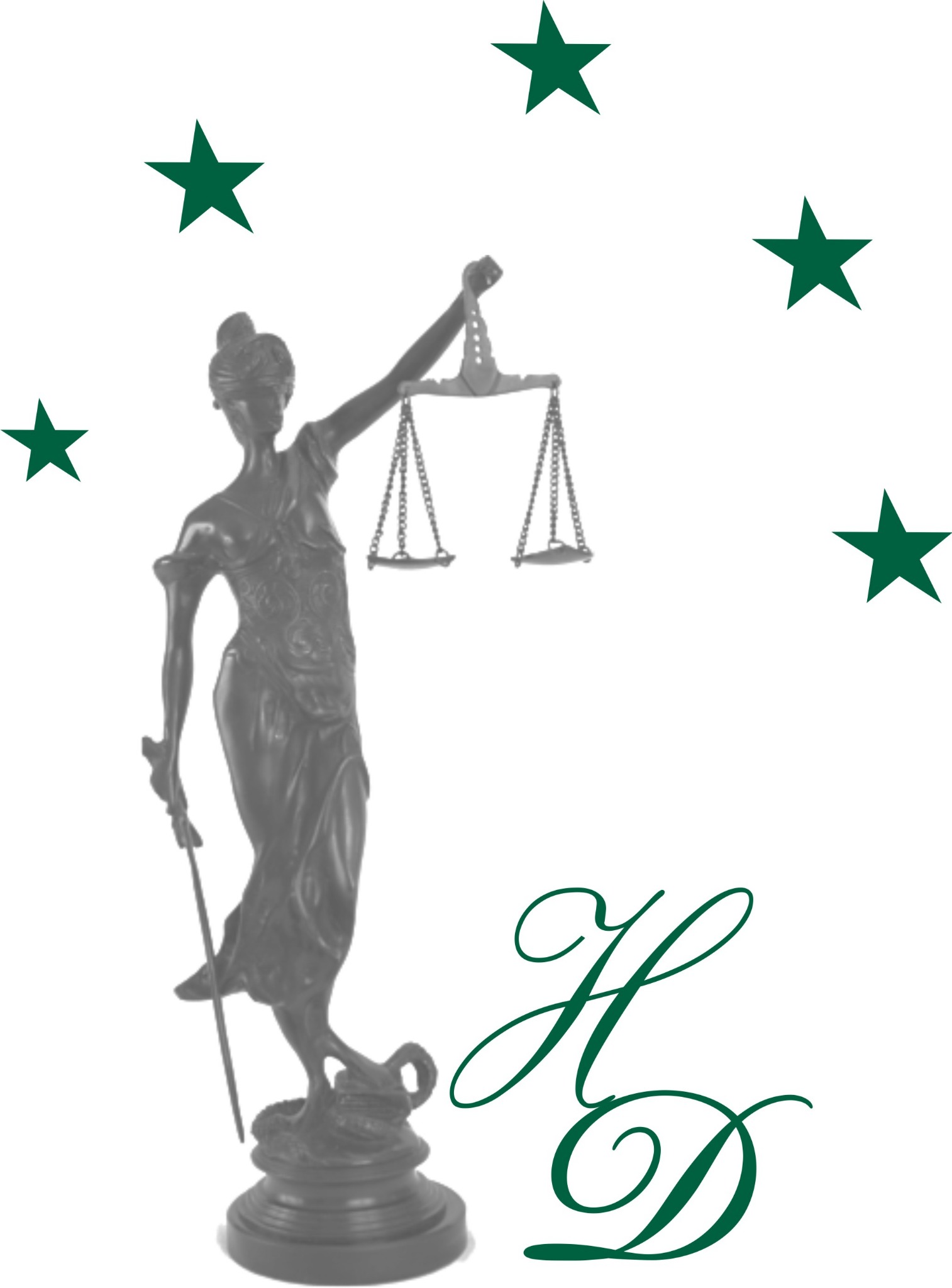 Statua Temidy w kolorze szarym, otoczona zielonymi gwiazdami i inicjałami HD w ozdobnej czcionce.
