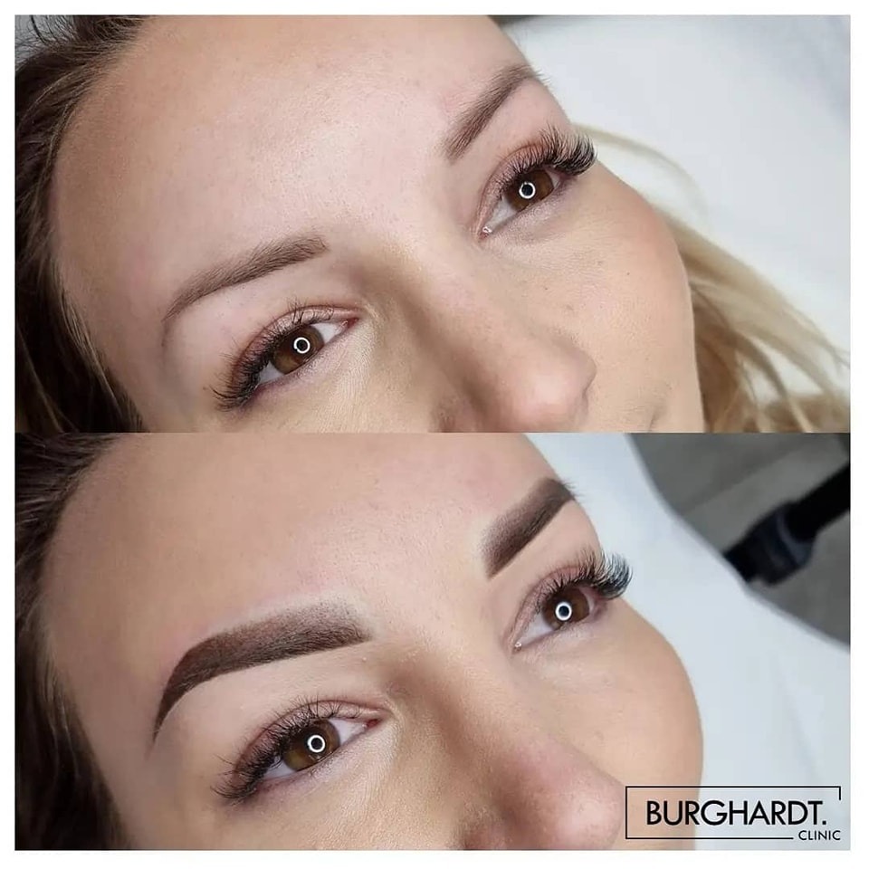 Zdjęcie przedstawia zbliżenie twarzy kobiety przed i po zabiegu pigmentacji brwi, widoczne różnice w kształcie i kolorze brwi, oraz subtelne podkreślenie rzęs.