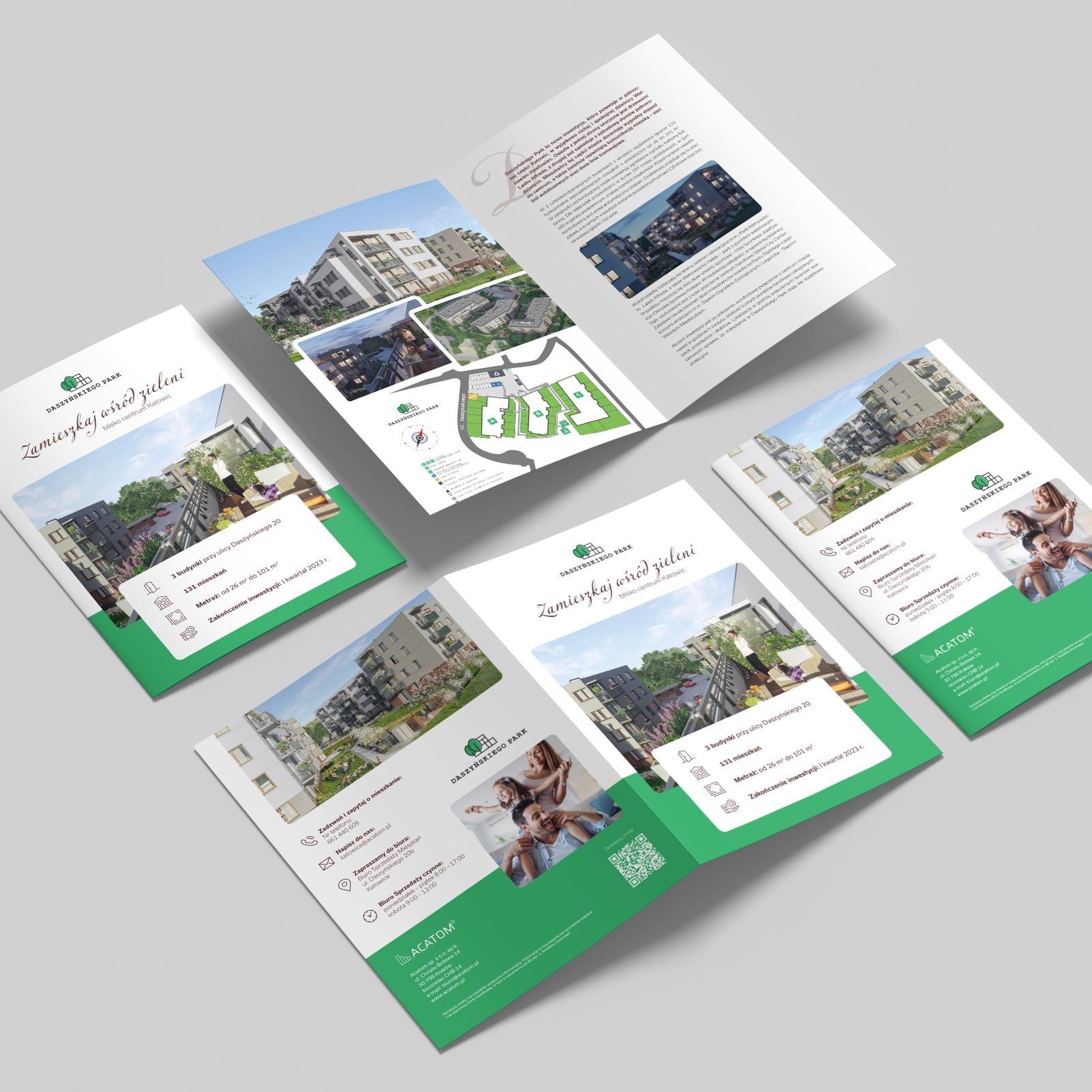 Rozłożony folder reklamowy z wizualizacjami osiedla Daszyńskiego Park w Katowicach, ukazujący budynki, plan zagospodarowania terenu i informacje o inwestycji.