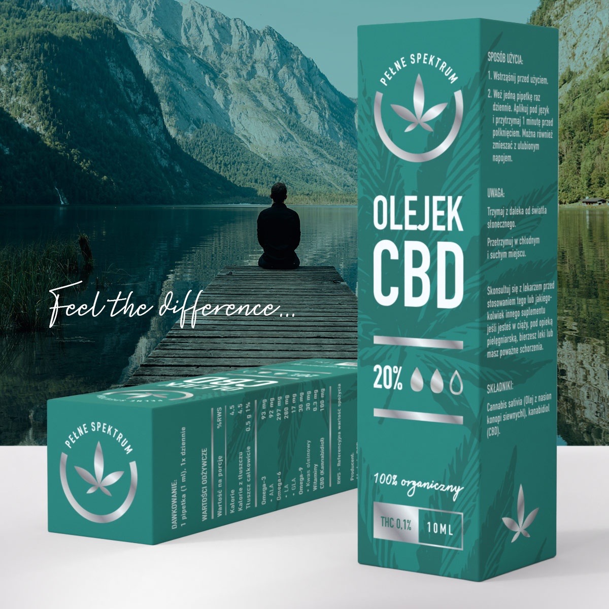 Opakowanie olejku CBD na tle górskiego jeziora z siedzącą osobą na molo, podkreślające naturalny i relaksujący charakter produktu.
