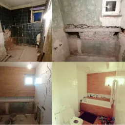 Fotografia przedstawia metamorfozę łazienki: od stanu surowego z obitymi płytkami i odsłoniętym murem, po wykończoną przestrzeń z drewnopodobnymi panelami, białą ceramiką i wanną zabudowaną w drewnie.