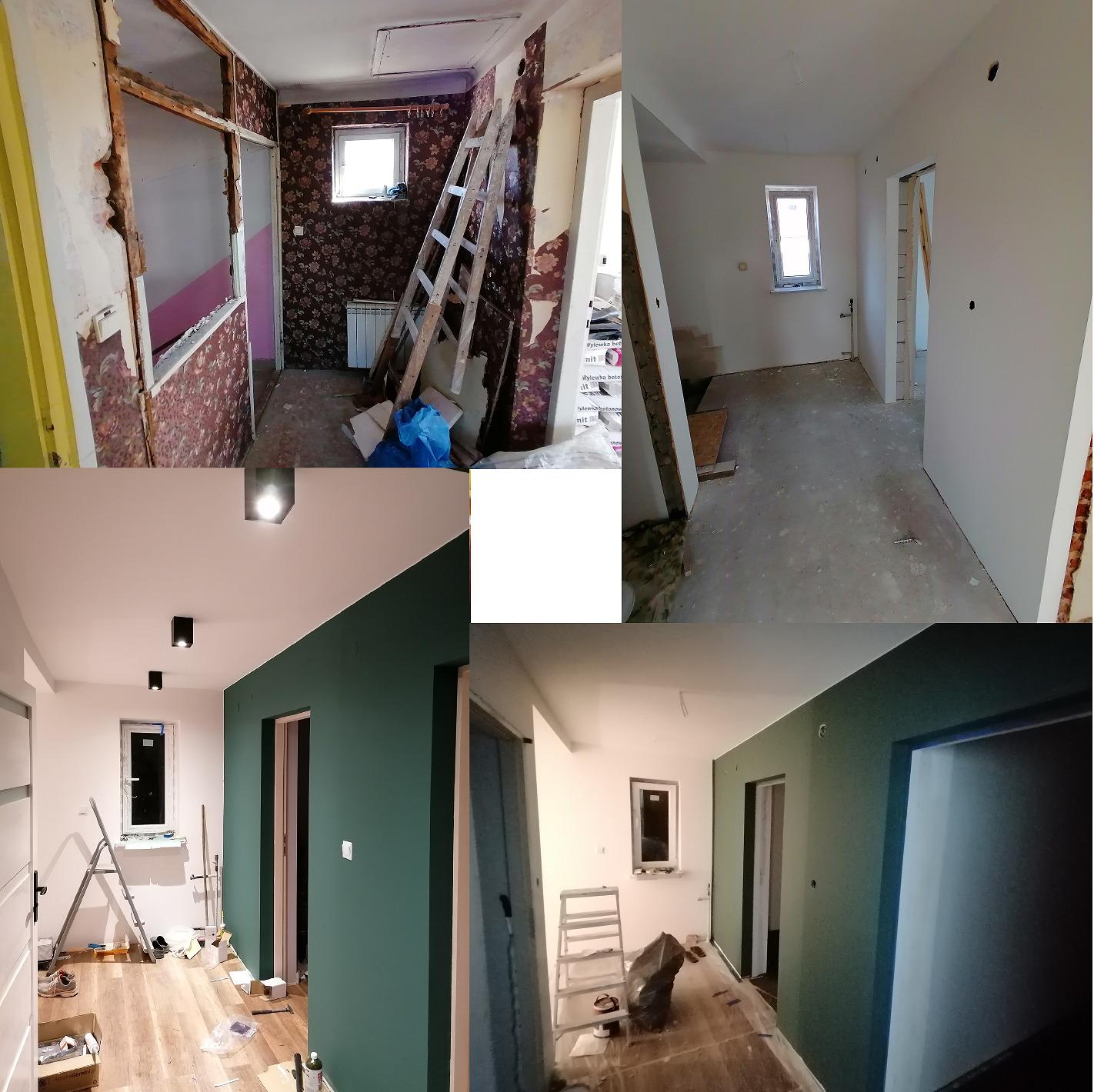 Kolaż zdjęć przedstawiających etapy remontu pokoju: demontaż starej tapety, przygotowanie ścian, malowanie na biało i na zielono, widoczna drabina i narzędzia malarskie.