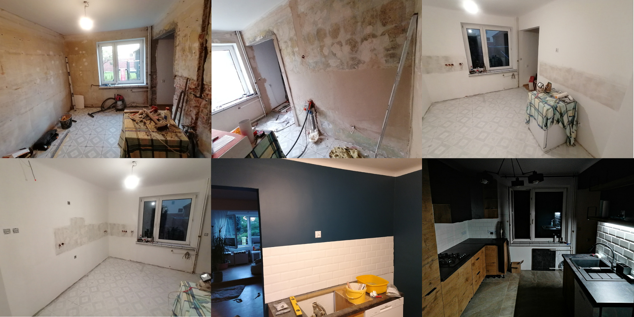 Mozaika zdjęć ukazująca etapy remontu kuchni: od stanu surowego z odsłoniętymi ścianami i narzędziami, przez częściowe wygładzenie i przygotowanie ścian, po finalny efekt z pomalowanymi ścianami...