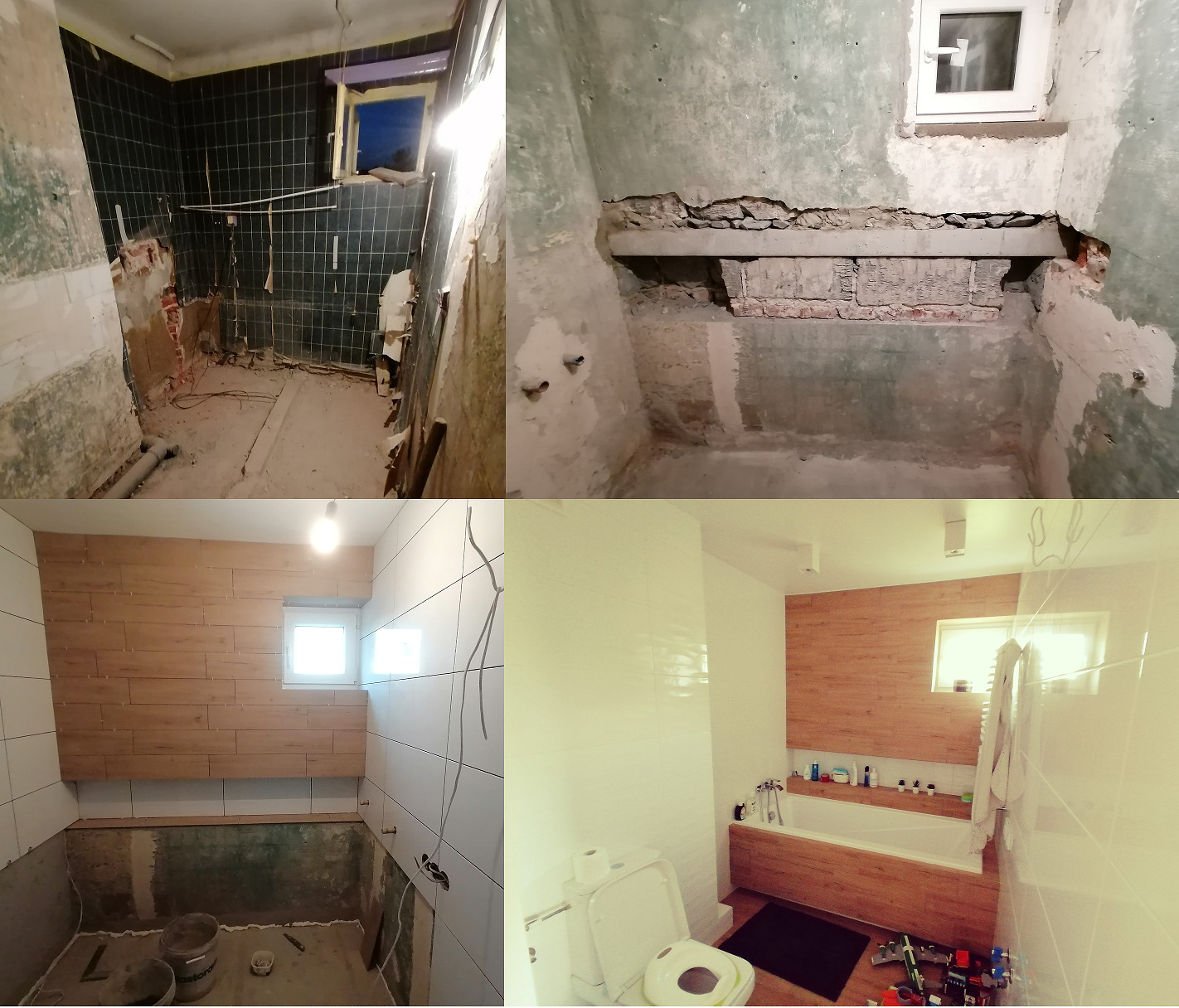 Fotografia przedstawia metamorfozę łazienki: od stanu surowego z obitymi płytkami i odsłoniętym murem, po wykończoną przestrzeń z drewnopodobnymi panelami, białą ceramiką i wanną zabudowaną w drewnie.