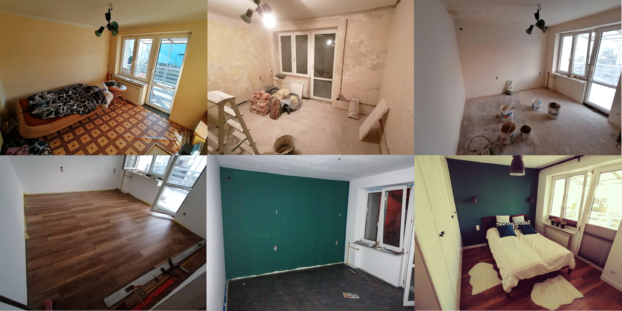 Kompozycja zdjęć przedstawiająca etapy remontu pokoju: od stanu przed remontem z meblami i starą podłogą, przez stan surowy z przygotowaniami do malowania, aż po pokój po remoncie z nową podłogą...