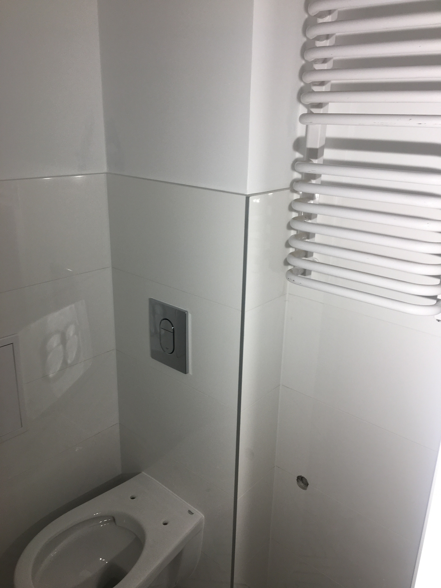 Biała toaleta bez deski, z chromowanym przyciskiem spłukiwania na ścianie wyłożonej błyszczącymi, białymi płytkami, obok grzejnik drabinkowy w minimalistycznej łazience.