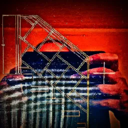 Schemat techniczny schodów nałożony na zdjęcie dłoni trzymającej telefon, z efektem wizualnym przypominającym termowizję.