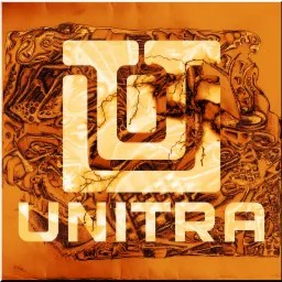 Pomarańczowo-złoty, abstrakcyjny projekt graficzny z stylizowanym logo i napisem 'UNITRA', zawierający elementy przypominające starożytne ornamenty i motywy burzy z piorunami.