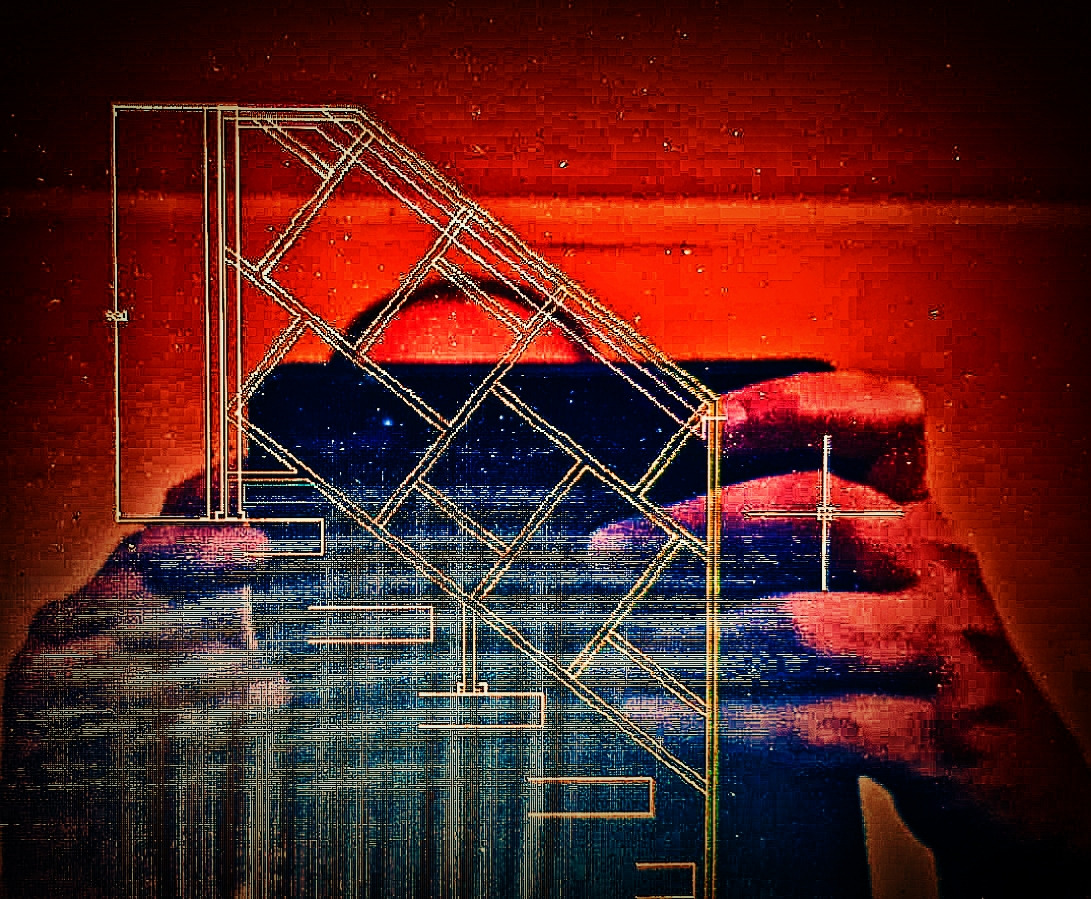 Schemat techniczny schodów nałożony na zdjęcie dłoni trzymającej telefon, z efektem wizualnym przypominającym termowizję.